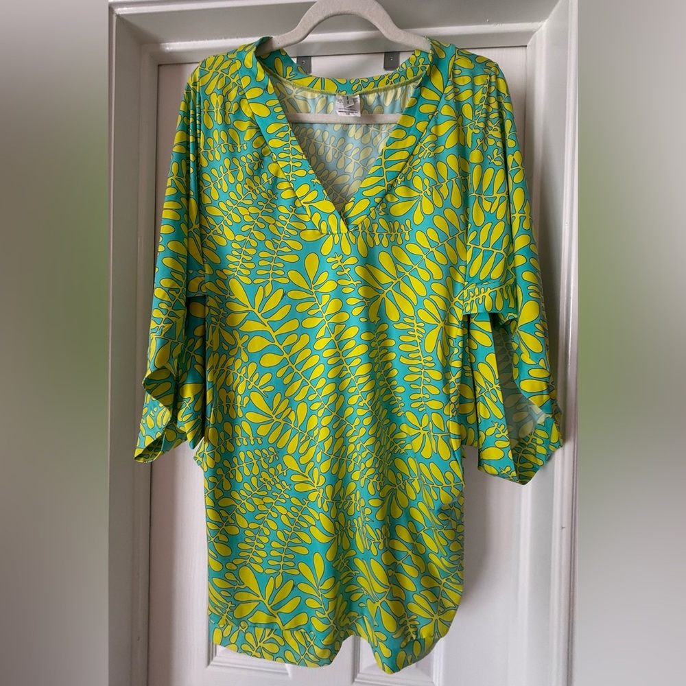 Trina Turk Green and Yellow Leaf Print Swim Coverup